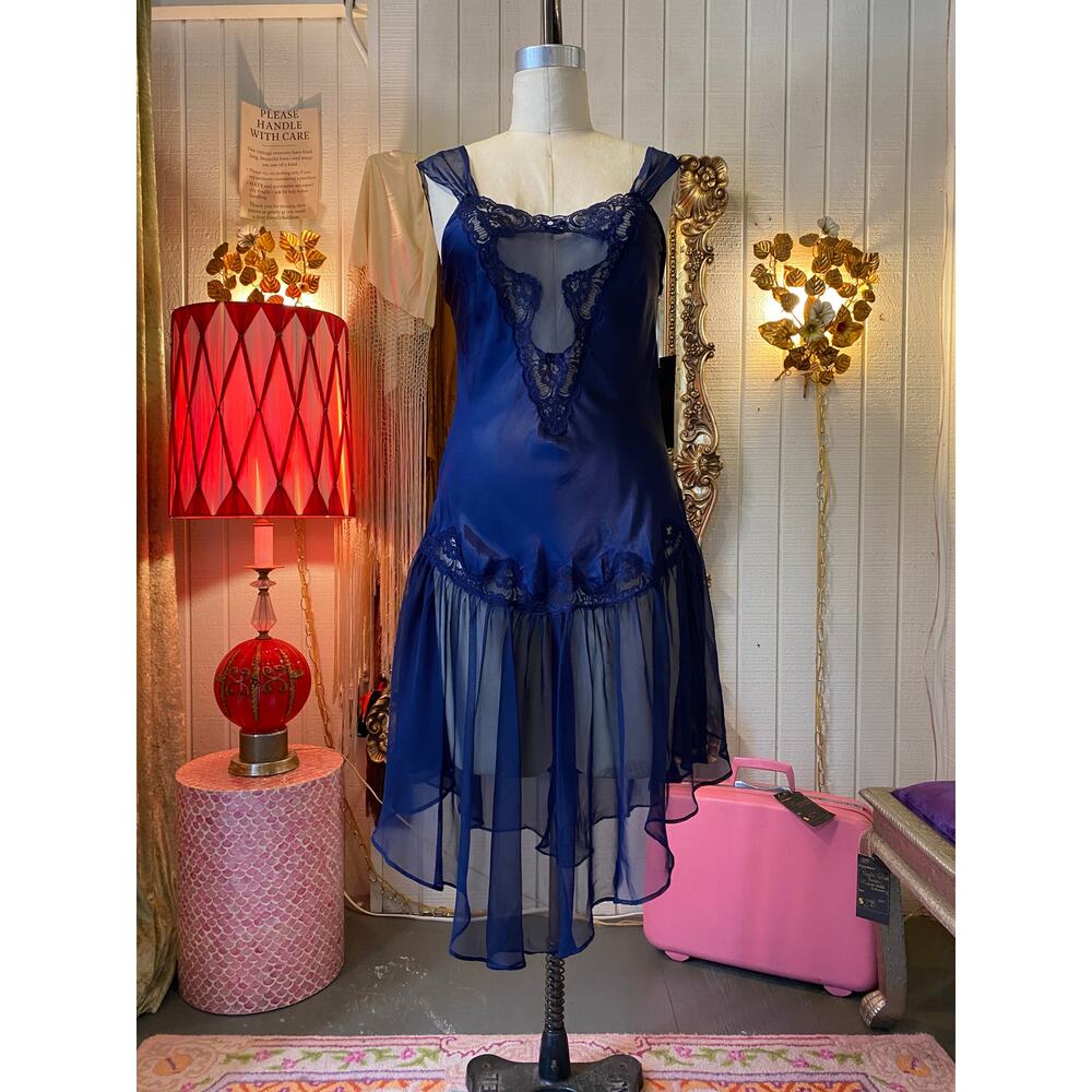 vintage 1980s navy blue nightgown sheer chiffon 80s lingerie pin up nightie s/m